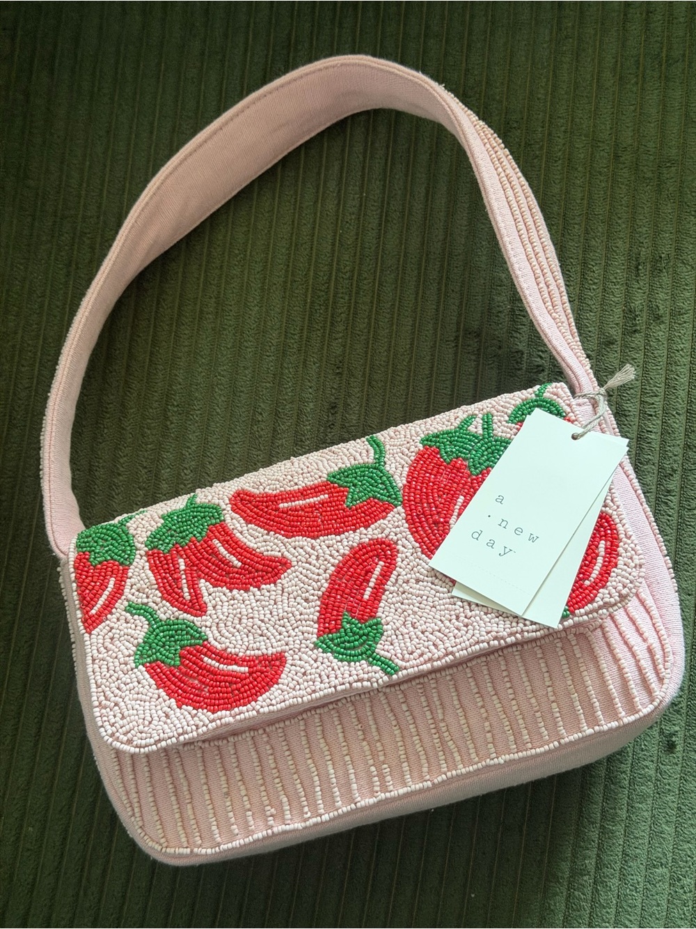 A New Day Beaded Chili Pepper Flap Shoulder Bag Pink & Red - Picture 2 of 4